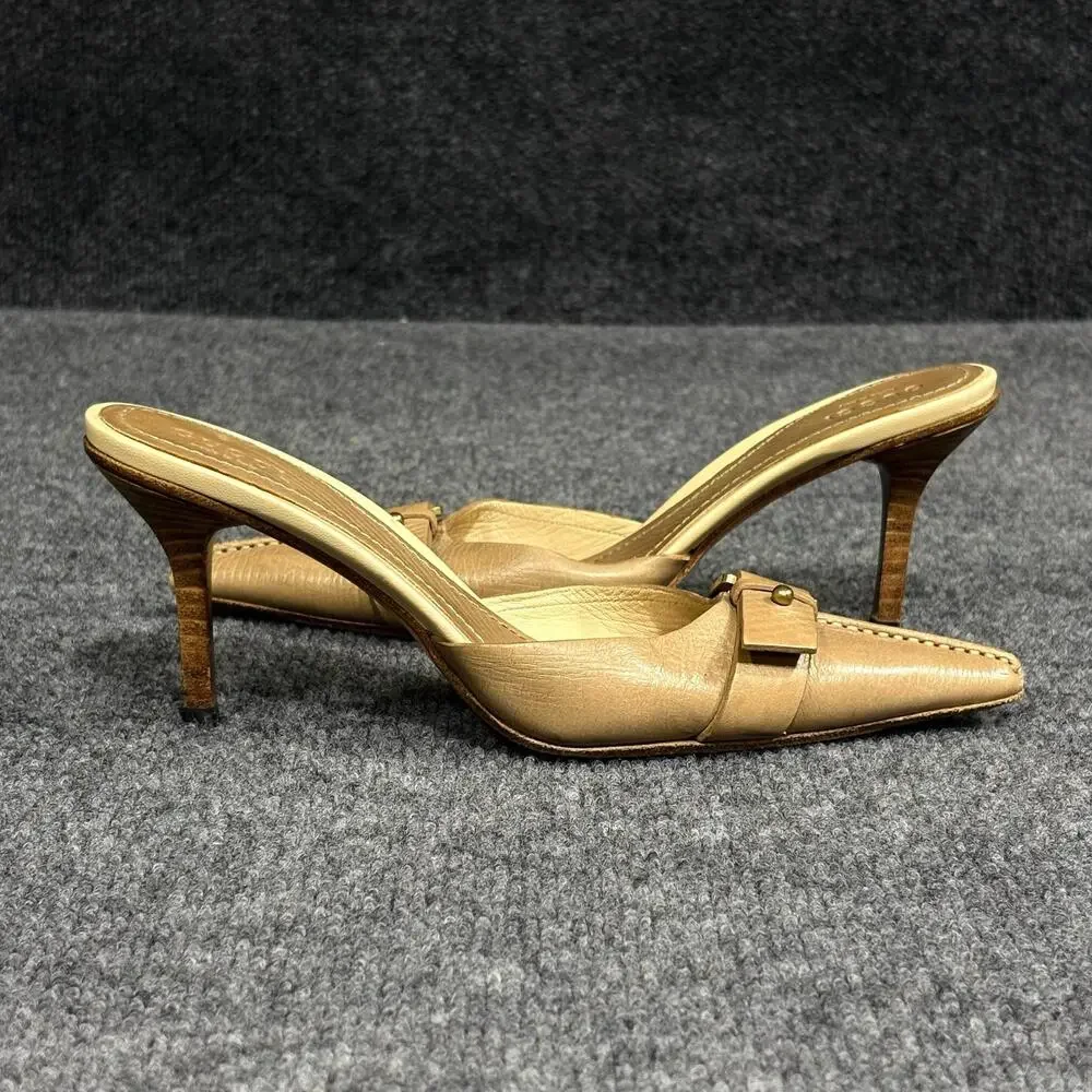 Gucci Shoes Womens 5.5 Beige Leather Pointed Toe Leather Mule Heels Buckle Italy
